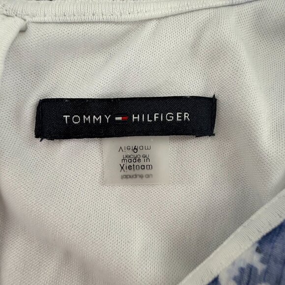 Tommy Hilfiger Ruffled Dress White & Blue V-Neck Tie Belt Lined Size 6 cap sleev - Picture 2 of 14